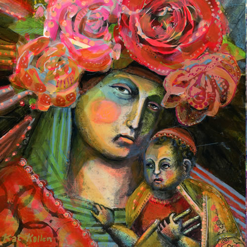 new painting of the mother of jesus, mary with a halo 
